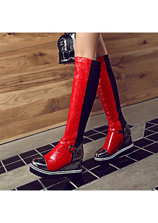 Women's Shoes Spring Riding Boots / Round Toe Heels Dress Wedge Heel Buckle / Slip-on / Split JointBlack /